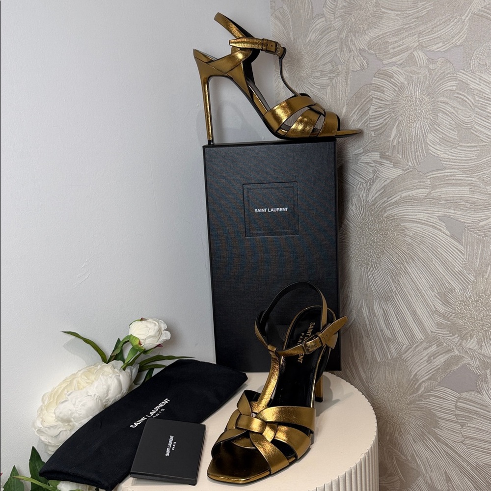 Saint Laurent Metallic Gold Strappy Heels